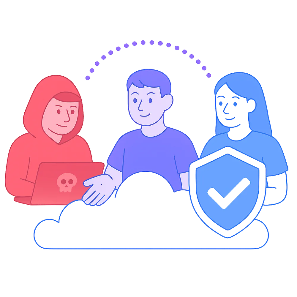 Illustration of three people: one in red with a skull icon on a laptop, one in blue with a shield and checkmark, and one in purple near a cloud and security shield.
